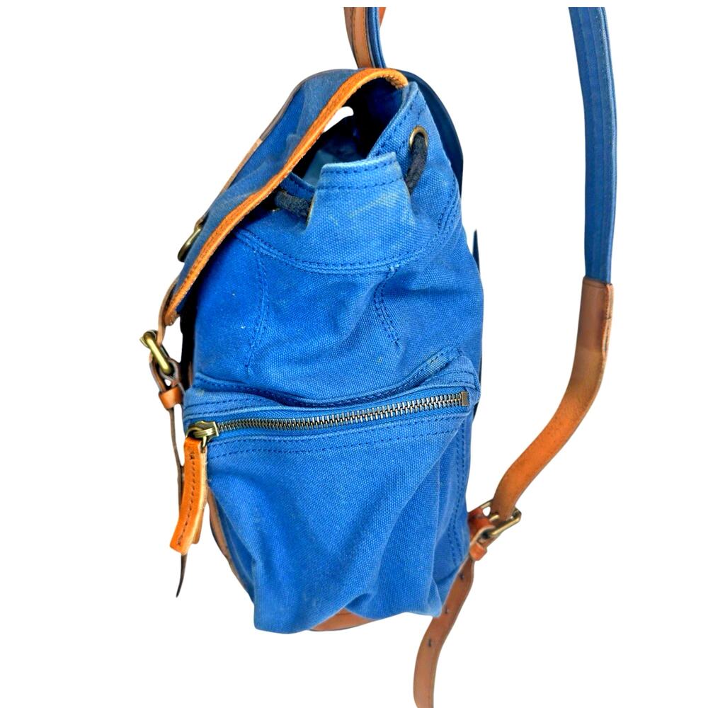 Burberry Blue Cotton Canvas Backpack Rucksack ~ Brown Leather Trim~ Drawstring - Picture 3 of 11